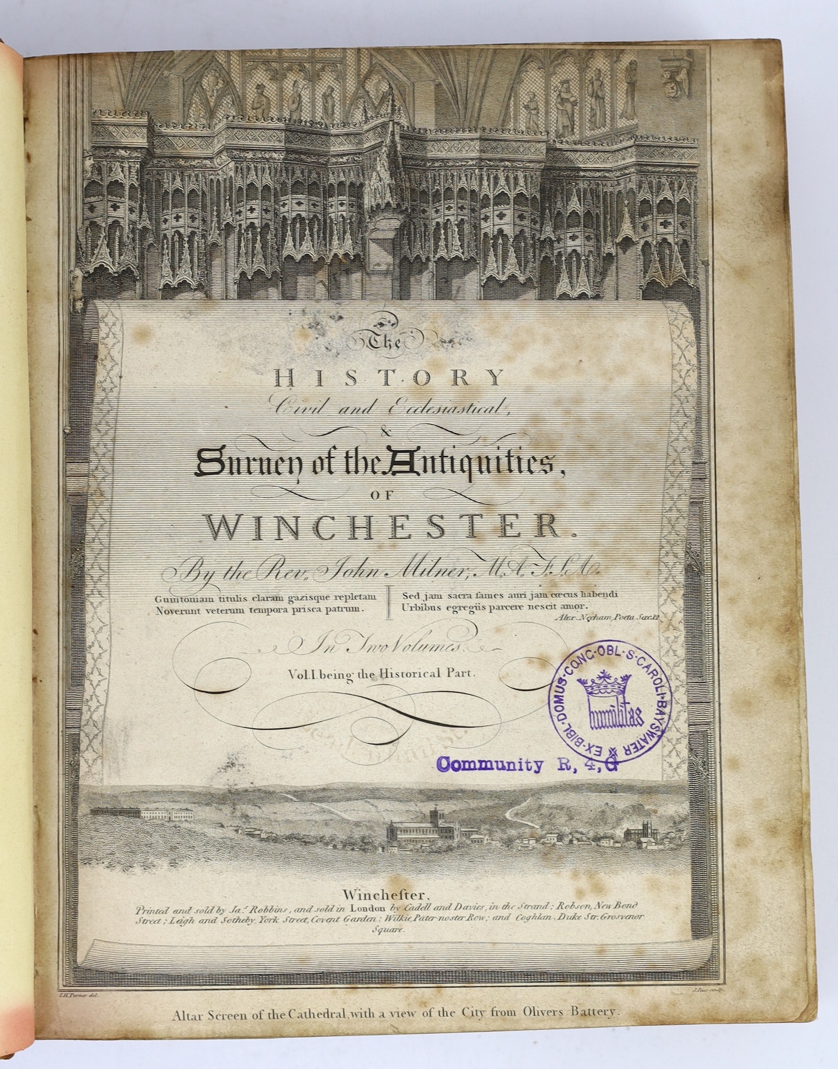 HAMPSHIRE: Milner, Rev. John - The History Civil and Ecclesiastical, & Survey of the Antiquities of Winchester ... 2 vols (in one). pictorial engraved 10 plates (some folded, incl. the City Plan)